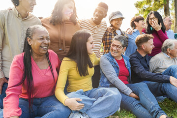 Group of multigenerational people smiling in front of camera - Multiracial friends of different...