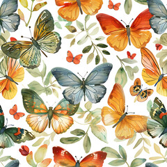 Fototapeta premium Butterfly botanical summer Seamless pattern with watercolor butterflies