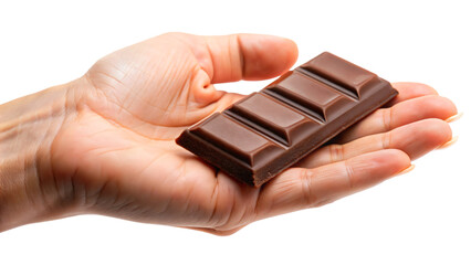 A hand holding a chocolate bar isolated