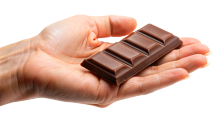 A hand holding a chocolate bar isolated