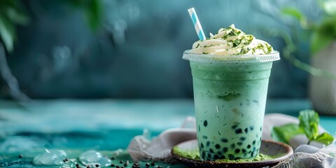 Blue matcha milkshake with tapioca and coconut milk served in a plastic cup. Concept Blue Matcha Milkshake, Tapioca Pearls, Coconut Milk, Plastic Cup