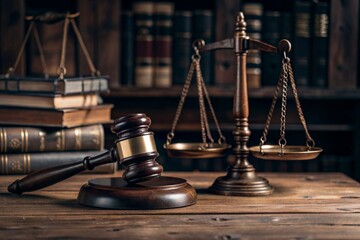 Justice and the law. A wooden hammer, books and scales on the table. The court session.