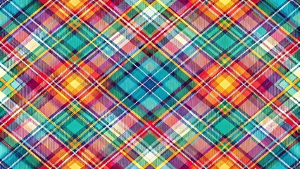 Vibrant multicolored plaid design featuring intricate crossing stripes and geometric shapes in repeating textured seamless background pattern.