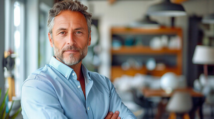Fototapeta premium Confident man with salt and pepper beard and blue shirt stands with crossed arms, looking directly at camera in blurred modern office background