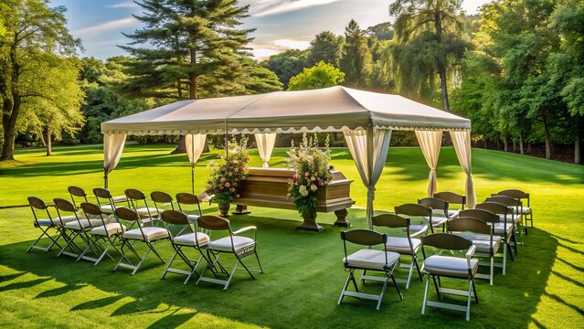 A serene funeral setting beneath a canopy tent with empty chairs surrounding a polished casket on a lush green lawn backdrop.