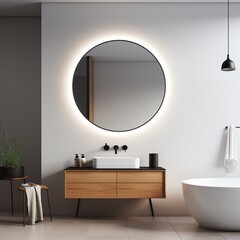 a bathroom with a round mirror and a tub