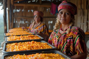 Obraz premium Traditional Indigenous Clothing and Food Preparation in Rural Village for Cultural Celebrations