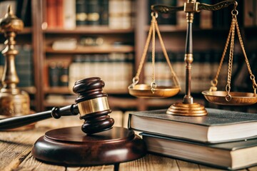 Justice and the law. A wooden hammer, books and scales on the table. The court session.
