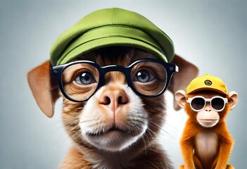 animals in one team, cute animals wearing caps and glasses on blue background  