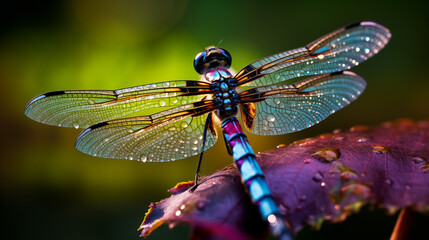 Dragonfly with Dew-Covered Wings on a Leaf Captured in High-Resolution Macro Photography