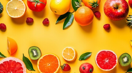 Variety of fresh fruits on yellow background
