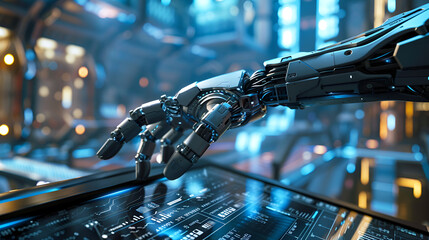 Futuristic Robotic Hand Operating Advanced Touchscreen Interface