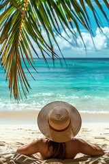 woman sunbathing on a tropical beach. Selective focus
