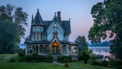 Elegant suburban Gothic Revival home in light blue, riverside setting, early morning light,