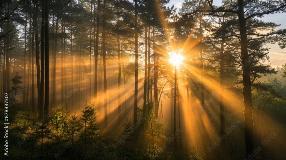 Poster sunrise over a misty forest, with sunbeams breaking through trees and casting soft shadows.