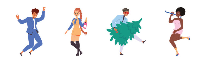 People Characters Celebrating New Year Holiday with Champagne Vector Illustration Set