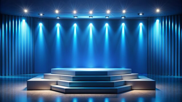 Modern empty stage podium scene for award ceremony set against blue background with sleek blue backlighting and minimalist decor.