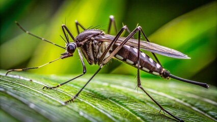 Fototapeta premium Macro shot of a dark-colored mosquito with white lyre-shaped markings on its body, perched on a green leaf background.
