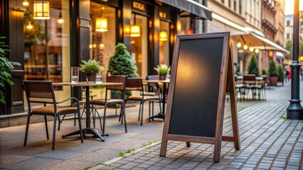 isempty dark freestanding signboard stands solo in front of a cafe restaurant with blank menu board on a city street scene