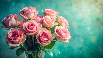 Softly lit pink roses arranged in a delicate bouquet set against a serene shaded turquoise background evoking elegance and sophistication.