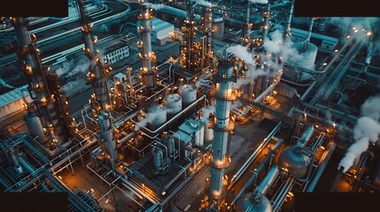 An aerial view of a large industrial refinery at night, with numerous towering structures, pipes, and tanks illuminated by lights and steam rising into the air