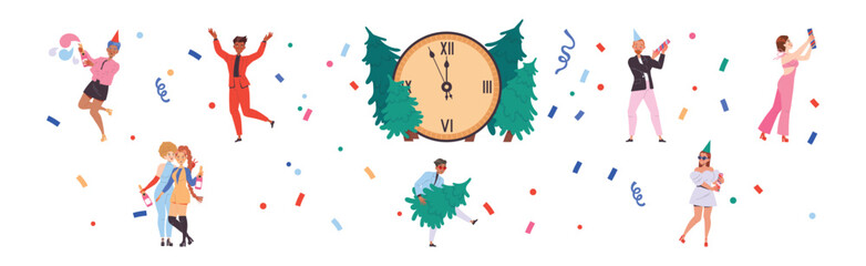 People Characters Celebrating New Year Holiday with Party Popper and Champagne Vector Illustration Set