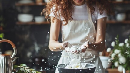 Woman baking with flour in kitchen