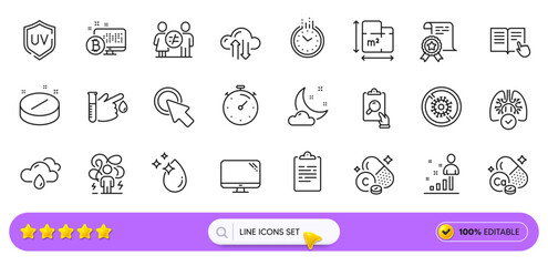 Lungs, Blood donation and Click here line icons for web app. Pack of Read instruction, Time, Certificate pictogram icons. Stop coronavirus, Night weather, Discrimination signs. Search bar. Vector