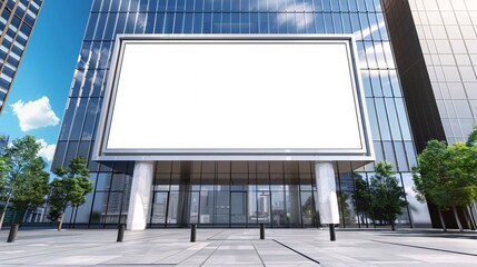 Fototapeta premium A large, blank billboard is mounted on the exterior of a modern building in an urban setting. The billboard is prominently displayed and visible from the street