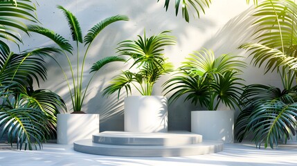 Obraz premium Cozy Palm Podium: Gray Concrete with Flowerpot for New Cosmetic Presentation
