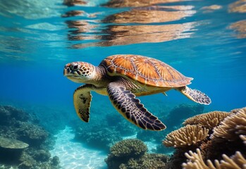 Fototapeta premium A joyful sea turtle swimming in crystal clear waters, surrounded by vibrant coral reefs
