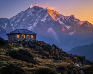 Himalayan Retreat, Sunset Glow, Remote Mountain Sanctuary,
