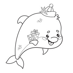 Cute Christmas dolphin in Santa hat with gift box and letter. Outline holiday cartoon character animal. Line drawing, coloring book. Vector illustration. Kids collection