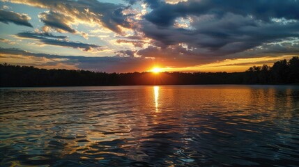 Naklejka premium Lake Sunset in Minnesota. Majestic Sky and Water Reflecting the Sun