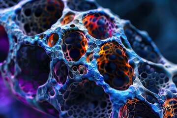 3d illustration of an organic structure showing a porous surface with vivid colors