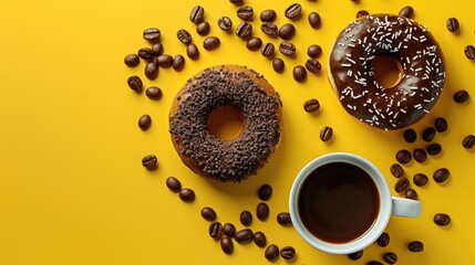 Obraz premium Yellow background with black coffee and chocolate donuts