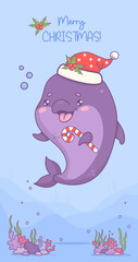 Christmas dolphin in Santa hat with striped candy cane. New Year Vertical poster banner with underwater holiday cartoon kawaii character animal. Merry Christmas. Vector illustration
