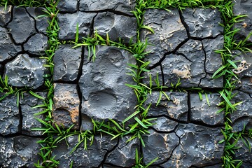 Grass Growing Through Cracked Dry Soil - Nature Resilience and Post-Drought Revival Concept