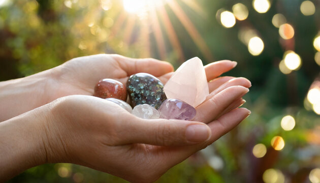 Hands with healing stones in beautiful sunlight for alternative therapy - AI generated