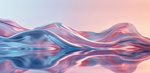 Delicate pink background in the form of wavy airy silk satin fabric on the surface of the water. Abstract background. Copy space. Banner