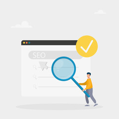 SEO optimization. An analyst who works with website data, analyzes search queries and selects keywords. Vector illustration	