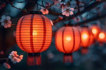 Obraz premium Traditional Lanterns Amidst Blossoms - Vibrant Asian Decorative Lamps for Festive Spring Celebrations and Cultural Events