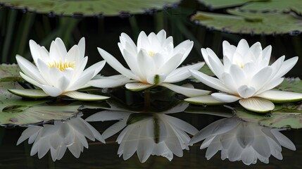 Two white water lilies bloom in a pond surrounded by green lily pads