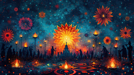Vibrant Diwali Festival with Fireworks and Illuminated Oil Lamps
