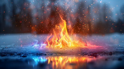 ethereal magical vibrant campfire backdrop, burning brightly in a calm and serene snowy forest, colorful neon flames blended with orange, blue, pink