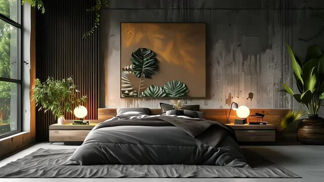 Modern industrial-style bedroom interior with concrete walls and a metal bed frame