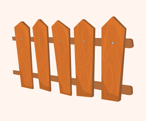 Old wooden Orange fence, side and front view. isolated on white background with parallel plank old. Vector illustration. House or Farm Element. Detailed cartoon wood.