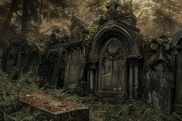 Ancient gothic mausoleum being reclaimed by nature in a peaceful cemetery