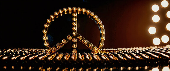 The peace sign or the sign of the Campaign for Nuclear Disarmament surrounded by bullets as a sign of demand for disarmament and peace