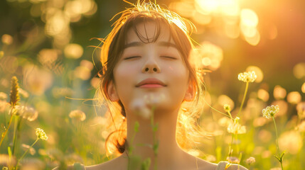 Fototapeta premium A beautiful Asian woman enjoys the sunset in a flowering field. A young woman walks through a field with flowers, feeling freedom. The concept of nature, walks, freedom.